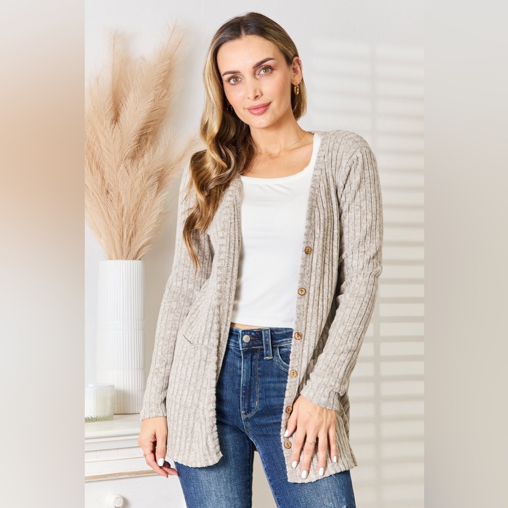 NEW**-Double Take Ribbed Button-Up Cardigan with Pockets OFFERS WELCOME